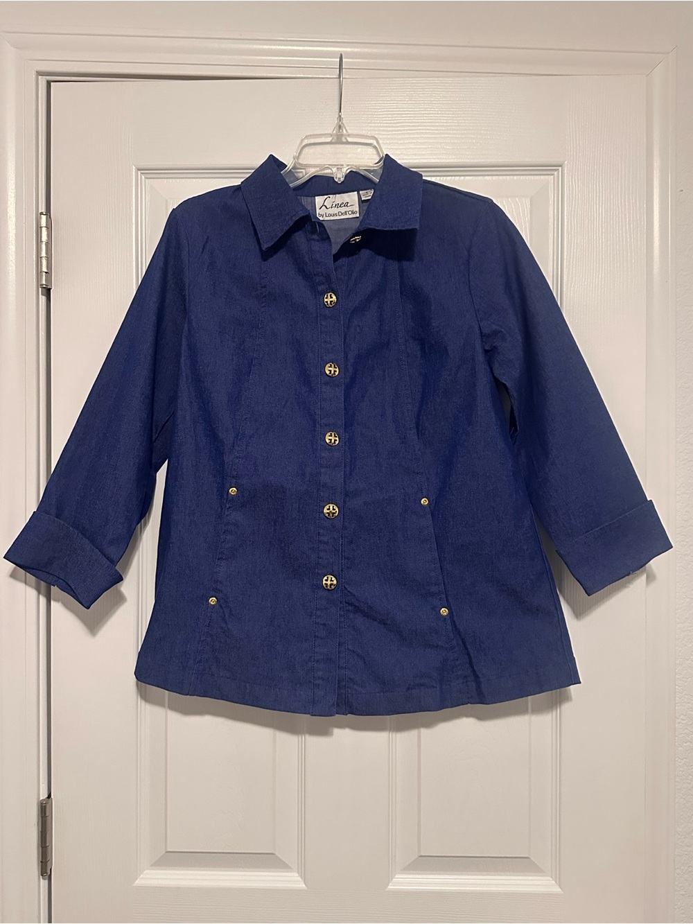 Linea by Louis Dell'Ollio Navy Blue Button-Front Jean Jacket with Gold Hardware